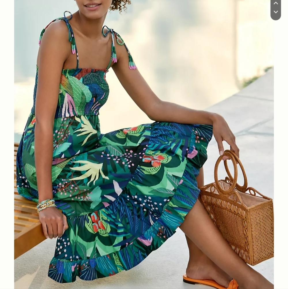 Green Tropical Print Tie-Strap Sundress